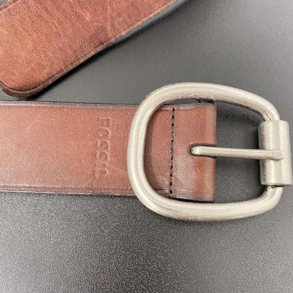 Fossil‎ Belt Mens Large Brown Leather Dress Silver Buckle Casual Classic